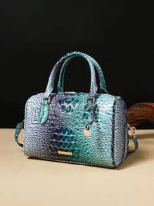 Luxury Crocodile Pattern Handbag, Retro Genuine Purse, Women's Classic Boston Bag & Shoulder Bag - 10#藍色+深藍 - 查看 2