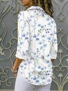 Bluzka damska z szyfonu z nadrukiem kwiatowym - swobodna, z długim rękawem, kołnierzykiem zapinanym na guziki, wyjątkowym wzorem kwiatowym, odpowiednia na każdą porę roku