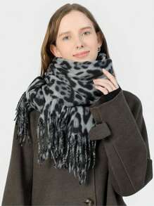1pc Women Leopard Pattern Cashmere Scarf, Tasseled Warm Shawl Wrap, Suitable For Outdoor Wind-Proof And Cozy Daily Wear, Spring/Autumn - Black and Gray - View 7