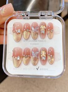 10pcs Handmade Nail Art Decor Set, Almond Shaped Nail Tips With Pink Bowknot Ribbon And 3D Crystal Rhinestones, Suitable For Manicure, Student, Pregnant Women, Daily Wear And Party, With Jelly Gel Press On Nails