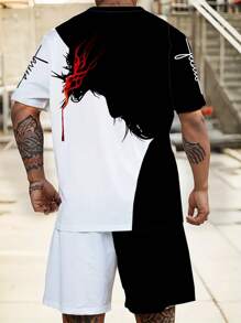 3D Graphic Print Pieced Faith Symbol Pattern T-Shirt Set, Short Sleeve, Elastic Breathable Polyester, Casual Sports Style, Loose Fit Plus Size, Suitable For Daily & Gathering Wear - Multicolor - View 2