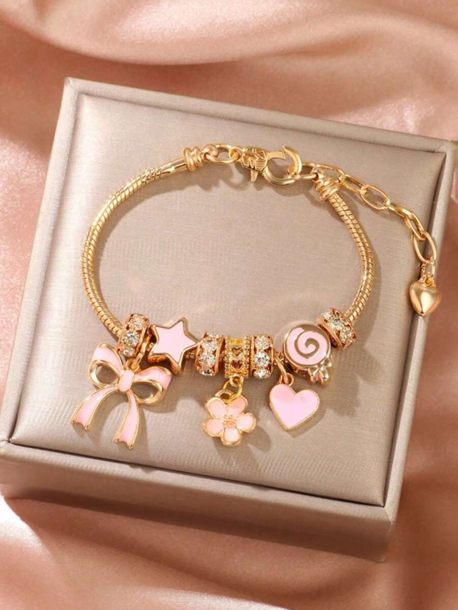 1 Pc Adjustable Gold Crystal Butterfly, Heart, Flower Lollipop Beaded Bracelet, Elegant Gift For Girls
