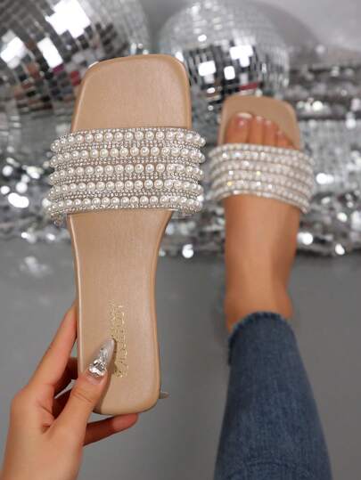 New Plus Size Rhinestone Pearl Transparent Slides, Elegant And Dignified, Transparent Strap With Pearl Sandals, Fashion Hot-Stamped Flat Sandals, Summer Beach Casual