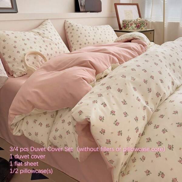 3/4pcs Vintage Ditsy Floral Garden Polyester Delicate Bedding Set, Chic Distressed Ditsy Floral Botanical Print Zipper Duvet Cover, Rose Flower Duvet Cover Set, Pink Girl Bedroom Decor, Romantic Bedding, Suitable For All Seasons (1 Duvet Cover + 1 Bed Sheet + 1/2 Pillow Shams, Excluding Filler)