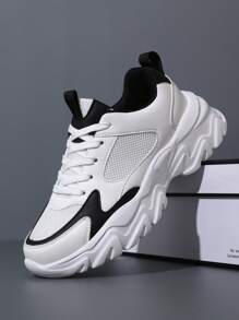 女士厚底休闲运动厚底运动鞋，皮革与网布组合透气轻便软底减震休闲运动鞋，韩版时尚