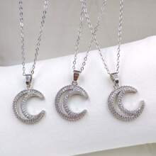 1 Set Joyería de collar y pendientes con diseño de cielo estrellado y luna, par de pendientes exquisitos chapados en plata con colgante minimalista de strass, elegante para fiestas y ocasiones