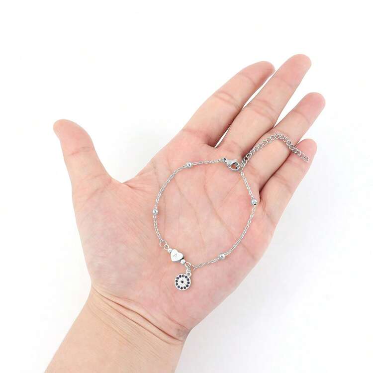 1件新款圆形蓝眼睛心形字母银色不锈钢串珠链手链，女士 - 銀色 - 查看 3