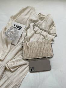 Summer Fashionable Charm Women Mini Beaded Woven Handbag, 2025 New Floral Straw Crossbody Envelope Bag