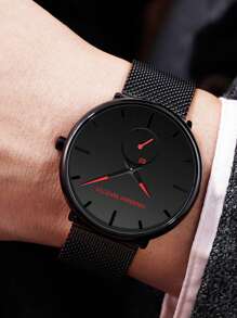 1 件 HANNAH 时尚黑色不锈钢网状表带防水男士手表，中心小秒针商务石英男士手表，适合日常商务会议和派对场合 - 黑色 - 查看 7