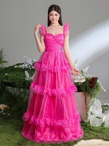 Teen Girl Polka Dot Mesh Ruffle Trimed Spaghetti Strap Extra Long Party Prom Dress - Màu Hồng Tươi - Xem 6