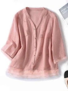 Retro Aesthetic Floral Embroidered Shirt, Organza Patchwork Design Casual Chic Blouse, Hobo Bohemian Style Floral Embroidered Elegant Top, Simple Daily Vintage Botanical Embroidery Shirt, Holiday Short Sleeve Top - Pink - View 5