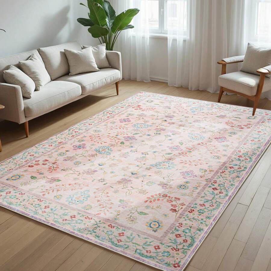 Homore 1pc Area Rug, Washable Faux Wool Throw Rugs For Living Room, 0.3″ Non Slip Low Pile Vintage Boho Carpet For Ding Room,Bedside , Home Office, Bedroomm,Home Decoration,Room Decor,Fall Decor,Halloween Decor - Hồng - Xem 1