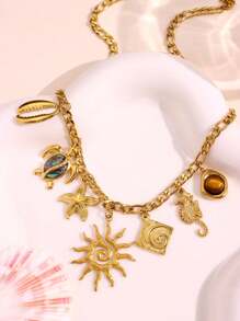 1 件复古优雅防水 18K 镀金不锈钢项链，带海龟、贝壳、海马、天然石吊坠，精致高端女士珠宝，防锈 - 多色 - 查看 4