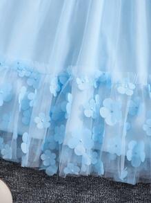 Girls Spring Mesh Patchwork 3D Flower Fashion Princess Dress With Crossbody Bag, 1 Set - Baby Blue - View 8