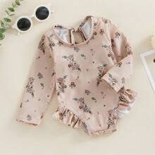 Infant Baby Girl Swimsuit One Piece Long Sleeve Rash Guard With Hat Set Floral Zipper Bathing Suit Beach Wear - Màu be - Xem 2