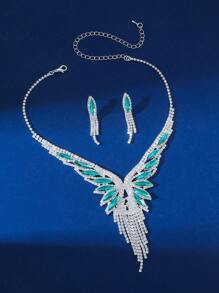 3pcs Silver Wedding Jewelry Set, Rhinestone Necklace Set, Bridesmaid Jewelry,Costume Jewelry Wedding Set, Gift For Her - Silver + Green - View 2