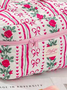 1 PC Vertical Striped Rose Bow Portable Make Up Bag,Fashionable And Casual Large Capacity Portable Zipper Makeup Bags,Travel And Vacation Essentials Cosmetic Bags For Sanitary Napkins,Pouch Pads,Wired Earphones,Earpods,Headphones,Charger,Lipsticks,Cosmetics,Perfume,Skin Care And Beauty Products,Home Decor,For Mom,Women,Nurses,Students,School Girls,Keys,Holiday Gifts Makeup Travel Toiletry Organizer Essentials Gifts Storage Zipper Accessories Nail - Red - View 5