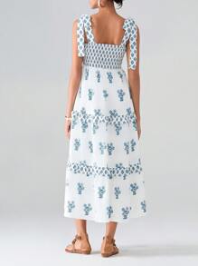 Women's Flower Tie Strap Dress A-Line Square Neck Tiered Ruffled Long Tank Dress For Party Club - 藍色 - 查看 7