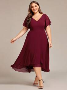 EVERPRETTY Plus Size Elegant High Low Flowing Chiffon V-Neck Ruffle Sleeves Bridesmaid Dress - Burgundy - View 1