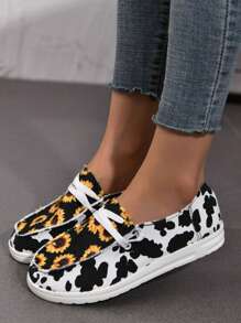 女士向日葵和奶牛图案便鞋，轻便户外步行鞋 - 明黃色 - 查看 4