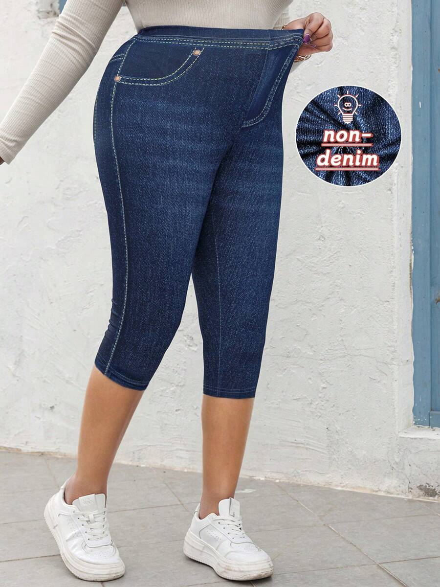 Quần legging định hình cơ thể co giãn cao cấp dành cho nữ cỡ lớn, họa tiết giả denim với thiết kế túi giả, quần lửng thể thao thoải mái thường ngày. - Màu xanh hải quân - Xem 1