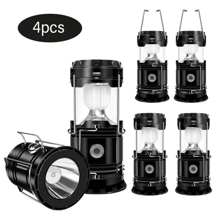4-Piece Solar Camping Light, Foldable LED Solar USB Rechargeable Lantern Flashlight, Camping Hurricane Emergency Pendant Light, Power Outage Indoor And Outdoor - Black - View 1