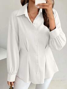 女士后背褶腰休闲长袖衬衫，畅销商品