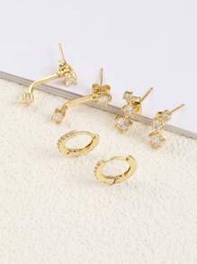 17KM 6pcs Simple Geometric Metal Earrings With Cubic Zirconia, Suitable For Women's Everyday Wear & Bridal Gift - Yellow Gold - View 5