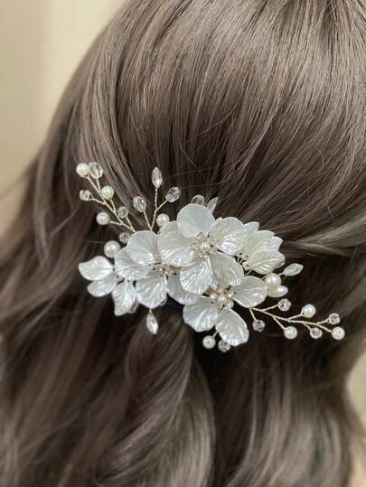 1pc Handmade Floral Bridal Hair Clip With Rhinestone, White Valentine's Day Accessories