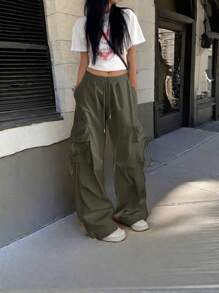 街头高腰翻盖口袋抽绳腰部弹性下摆褶饰休闲阔腿降落伞工装裤 - 軍綠色 - 查看 5