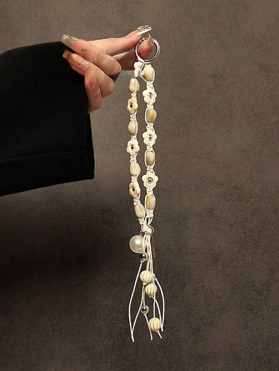 手工制作花卉串珠流苏挂绳腕带，适用于手机壳、汽车钥匙链、包包吊饰，创意设计 - 米白花卡其白珠手繩 - 查看 1