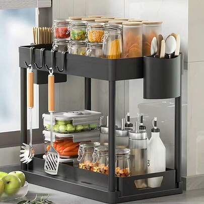 1 件式水槽收纳架、2 层橱柜收纳架、厨房收纳、水槽收纳和收纳、食品储藏室配件、底部滑动抽屉、抽屉式收纳篮、厨房调味架、厨房配件、家居装饰、母亲节、送给母亲的礼物