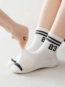 5 Pairs Kids Digit Print Breathable Mid-Calf Socks, Suitable For Boys And Girls In Spring/Summer