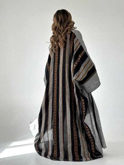 1pc Women's Fashion Striped Color Block Long Abaya, Artistic Contrast Color Splice Long Robe Jacket, High-End Linen Fabric, Soft Sheen, Humble, Suitable For Daily Wear, Modest Kaftan