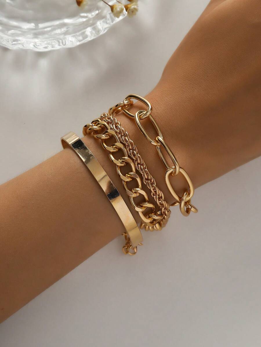 4pcs/Set Punk Style Metal Twisted Rope Bracelet, Vintage Retro Cuban Chain, European And American Fashion Accessories - Multicolor - View 1