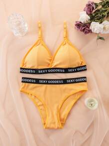 1 Set Women's French Style Sexy Lightweight Solid Color Letter Breathable Deep V Bra And Panty Lingerie Set - Yellow - View 6