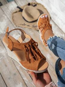 Brown Open Toe Fringes Metal Ring Accent Comfy Fashionable Vacation Beach Sandals, Wedge Heels For Girl - Brown - View 1