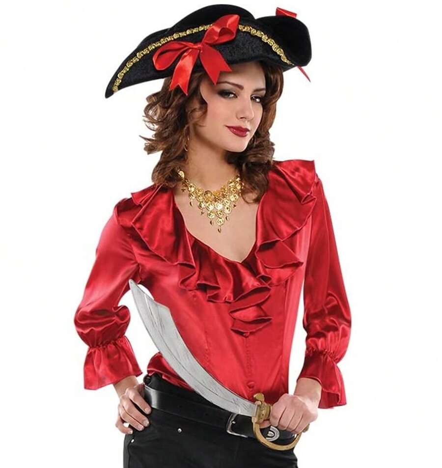 Women's Satin Pirate Shirt Blouse – Ruffled Renaissance Costume Top – One Size - Pirate Costume, Renaissance Blouse, Satin Pirate Shirt, Ruffled Blouse, Cosplay Top, Medieval Shirt, Women's Costume Top, Historical Reenactment, Festival Outfit, Theatrical Wear - Red - View 1