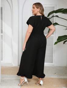 GoyRrbay Plus Size Loose Jumpsuits For Women Summer Short Sleeve One Piece Outfit Elastic Waist Wide Leg Floral Jumpsuits - màu đen - Xem 4