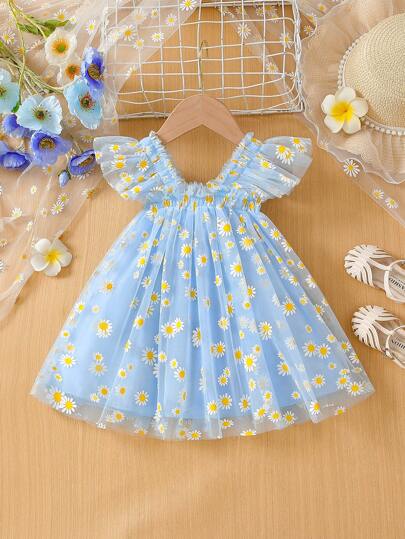 女婴度假雏菊印花网眼荷叶边吊带泡泡纱连衣裙，适合派对和玩耍，夏季