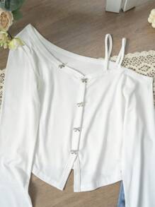 Elegant White Bow Strap Sexy Cold-Shoulder Long Sleeve Top For Women, Suitable For Dates, Outings, And Commuting, Christmas, Autumn/Winter - White - View 7