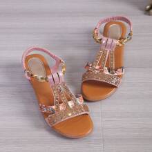 Sandal Wanita Hak Wedges Bohemian dengan Hiasan Berlian Imitasi dan Pita Elastis, Model Slip-On untuk Aktivitas Luar Ruangan dan Pantai - Berwarna merah muda - View 5