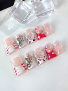10pcs/Set Y2K Style Handmade Duck Nails Acrylic Duck Mouth Hand-Painted Pink Press On Nails With Heart-Shaped Rhinestones,Butterfly.Suitable For Women And Girls,Party,Daily Wear