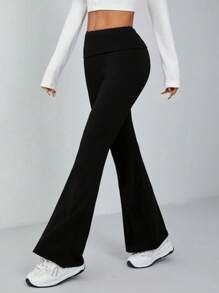 Women Solid Flare Skinny Pants Fold Over Leggings Stretch Bootcut Flared Yoga Pants Y2k Joggers - Black - View 2