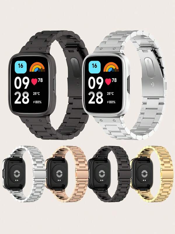 1 pieza Reloj inteligente de metal con marco de acero inoxidable de 3 perlas falsas de unicolor + correa compatible con Redmi Watch 3 Active