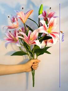 12 Heads Artifical Lily Flowers, Long Stem Artificial Stargazer Lilies With 9 Heads Full Bloom Lily & 3 Lily Buds-Faux Tiger Lily Bouquets For Home Hotel Flower Arrangement Party Wedding Decor Gift - 粉色 - 查看 3