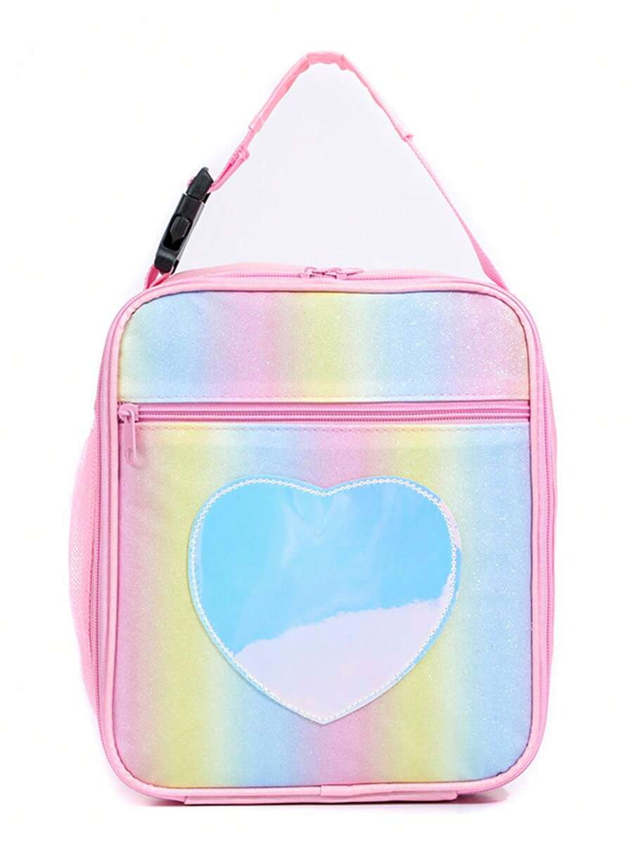 Colorful Rainbow Insulated Lunch Bag, Glitter Laser Picnic Ice Pack Tote, Minimalist Shoulder Bag For Girls - Pink - View 1
