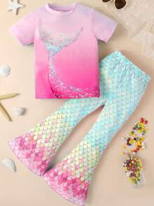 2pcs/Set Young Girl Casual Mermaid Sequin Print Short Sleeve Lightweight Knit Top And Flare Pants Set, Spring/Summer