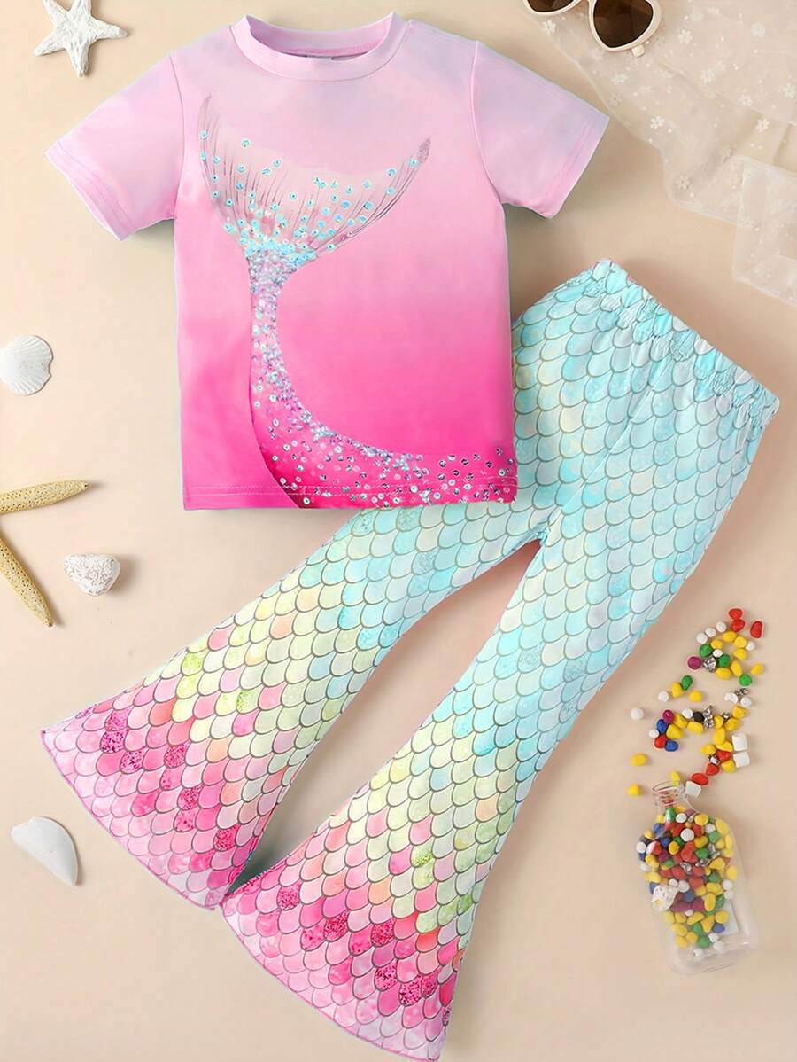 2pcs/Set Young Girl Casual Mermaid Sequin Print Short Sleeve Lightweight Knit Top And Flare Pants Set, Spring/Summer