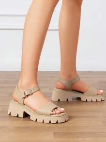 Women's Lug Sole Low Platform Summer Sandals, Stylish Open Toe Chunky Block Ankle Straps Heels Sandals For Summer/Spring - Màu be - Xem 3